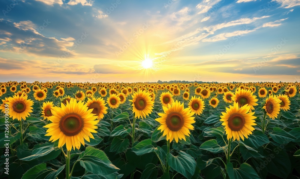 Fototapeta premium Vibrant sunflower field at sunset with dramatic sky and golden light