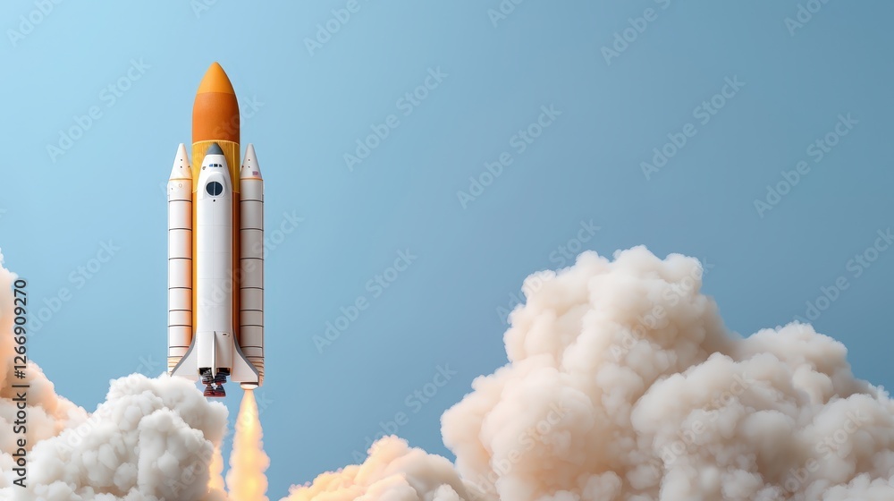 Naklejka premium Rocket Launch with Bright Flame and Billowing Clouds Against a Clear Blue Sky in a Dramatic, Inspiring Scene