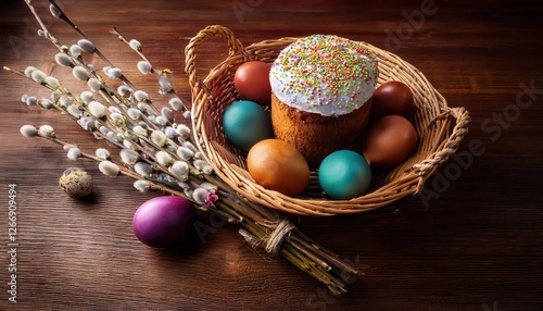 Colorful Easter eggs and a festive cake in a woven basket with branches photo