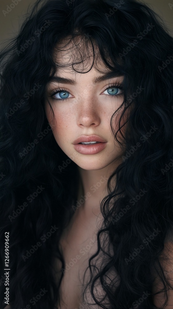 A close-up of a woman with long black hair and blue eyes. A close-up of a woman with long black hair and blue eyes.