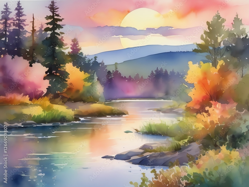 A vibrant watercolor landscape of a river flowing through lush greenery A vibrant watercolor landscape of a river flowing through lush greenery