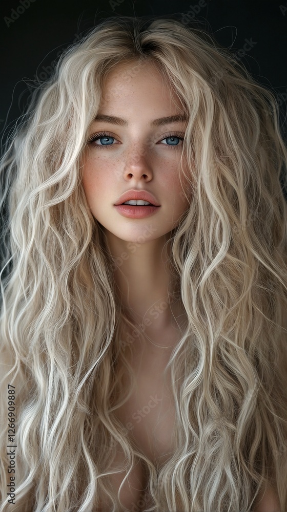 Fototapeta premium Portrait of a young woman with long blonde hair and blue eyes.