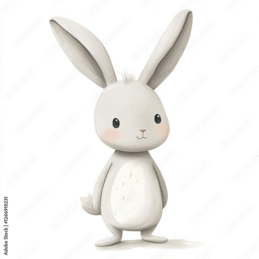 Obraz premium Cute, simple illustration of a light gray anthropomorphic bunny-kid, on a white background,