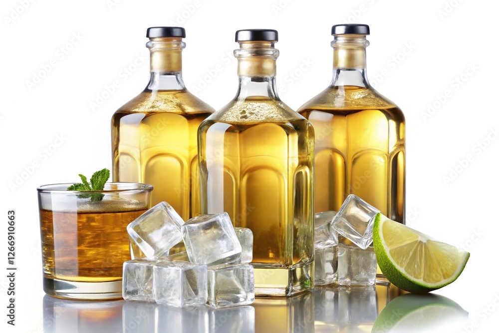 Whiskey Bottles with Ice and Lime - Three whiskey bottles with ice cubes and lime slices next to a glass of whiskey, creating a fresh and inviting scene.
Whiskey Bottles with Ice and Lime - Three whiskey bottles with ice cubes and lime slices next to a glass of whiskey, creating a fresh and inviting scene.