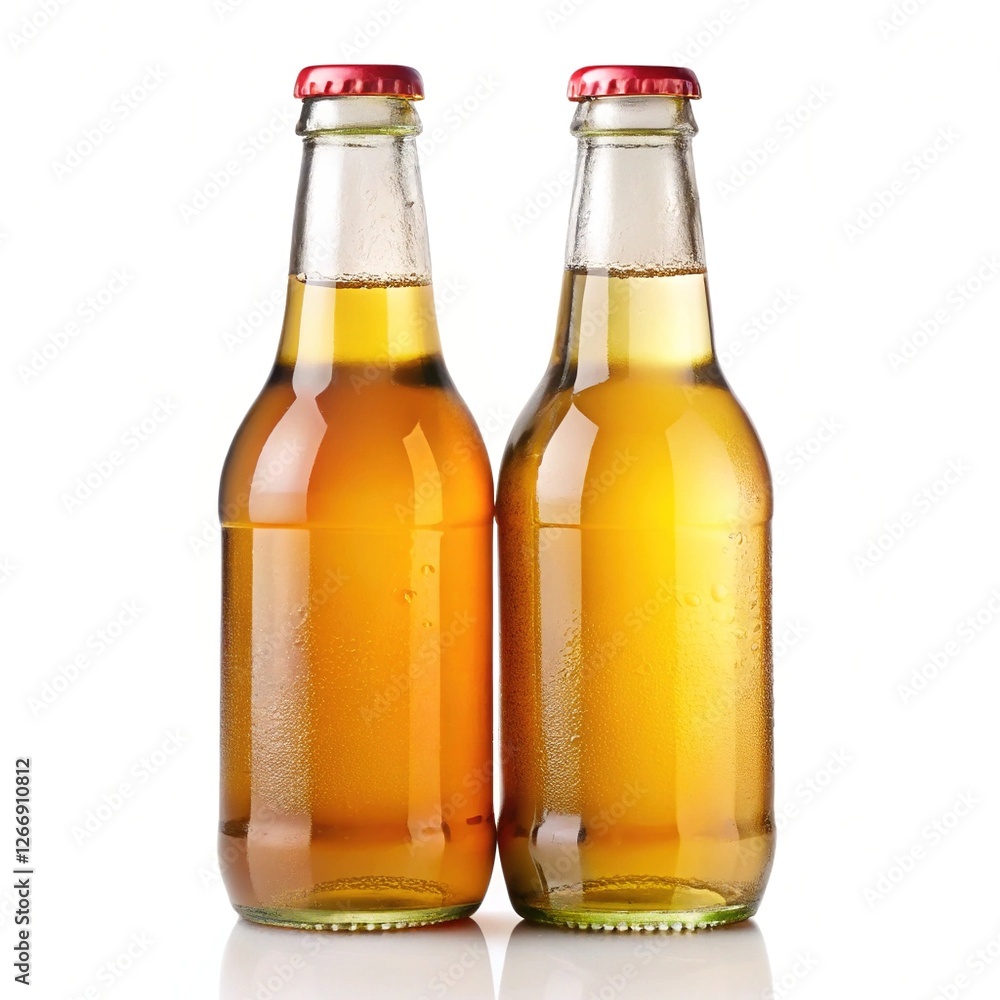 Two Beer Bottles with Red Caps - Two bottles of beer with red caps, showcasing amber liquid with condensation on a reflective surface.
Two Beer Bottles with Red Caps - Two bottles of beer with red caps, showcasing amber liquid with condensation on a reflective surface.