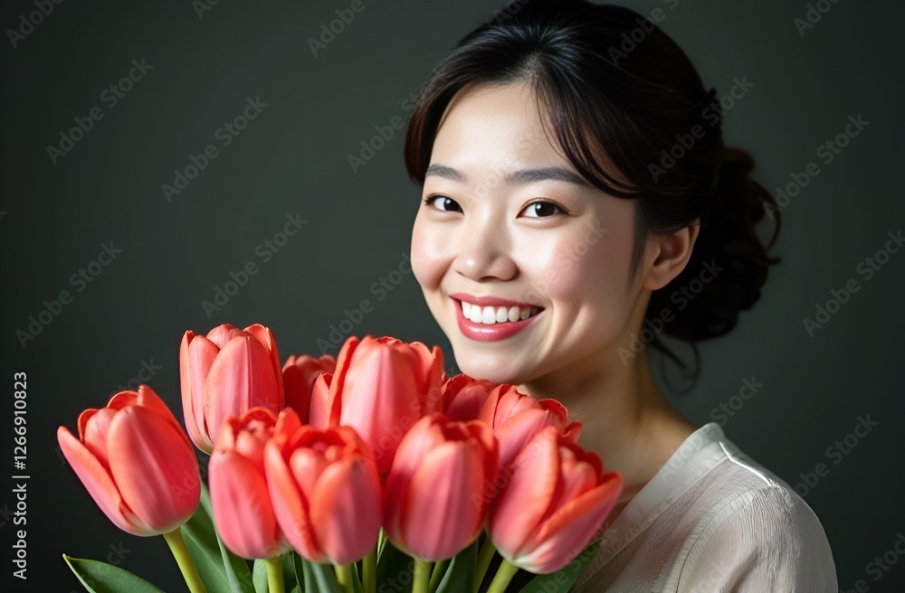 Chinese woman with dark hair with a bunch of tulips closely looks into the camera and smiles against a dark background. International Women's Day. Mother's Day. Valentine's Day Chinese woman with dark hair with a bunch of tulips closely looks into the camera and smiles against a dark background. International Women's Day. Mother's Day. Valentine's Day