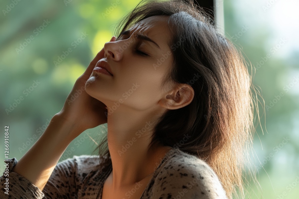 A woman in a calm environment rubs her neck and temples showing signs of discomfort A woman in a calm environment rubs her neck and temples showing signs of discomfort