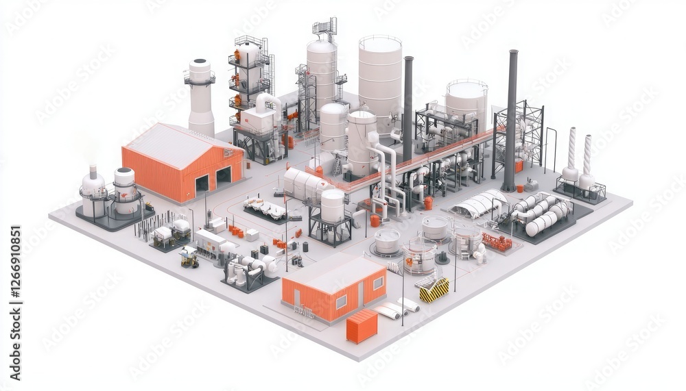 A detailed industrial facility with various structures, storage tanks, and pipelines, designed for manufacturing or processing operations. A detailed industrial facility with various structures, storage tanks, and pipelines, designed for manufacturing or processing operations.