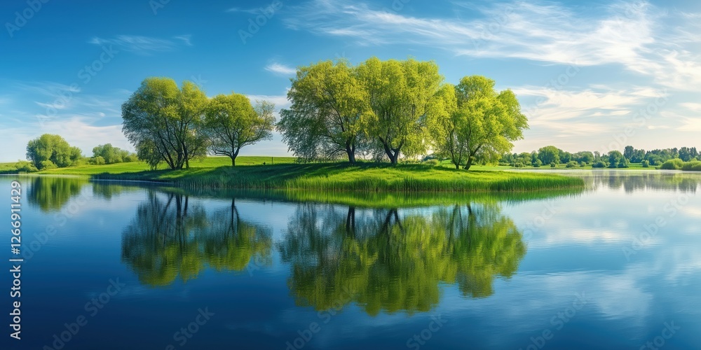 Serene lake landscape with lush green trees reflecting in calm water under blue sky Serene lake landscape with lush green trees reflecting in calm water under blue sky