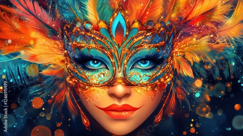 Wallpaper Mural Close-up of a woman wearing a vibrant carnival mask with colorful feathers and gold details. Torontodigital.ca