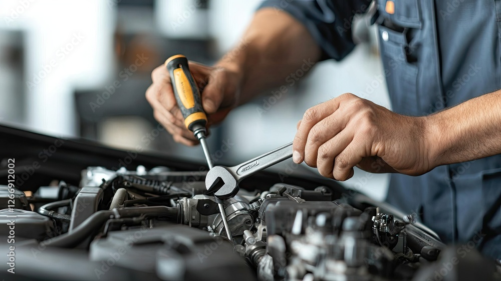 A mechanic uses a wrench and screwdriver to repair an engine, showcasing hands-on automotive work in a workshop setting. A mechanic uses a wrench and screwdriver to repair an engine, showcasing hands-on automotive work in a workshop setting.