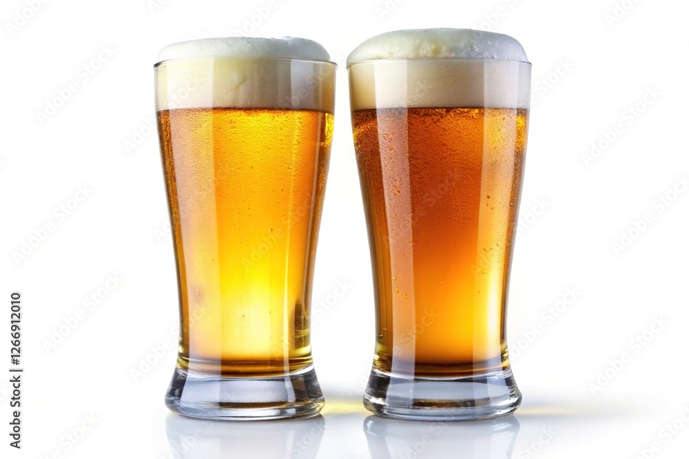Two cold beer glasses with foam - Two tall glasses filled with golden beer and foam, showing a refreshing and crisp look of the drink.
Two cold beer glasses with foam - Two tall glasses filled with golden beer and foam, showing a refreshing and crisp look of the drink.