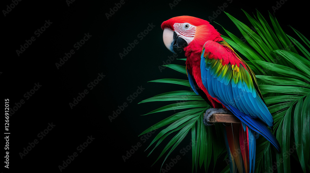 Fototapeta premium Colorful macaw parrot on perch against dark foliage backdrop for Pet Day with copy space
