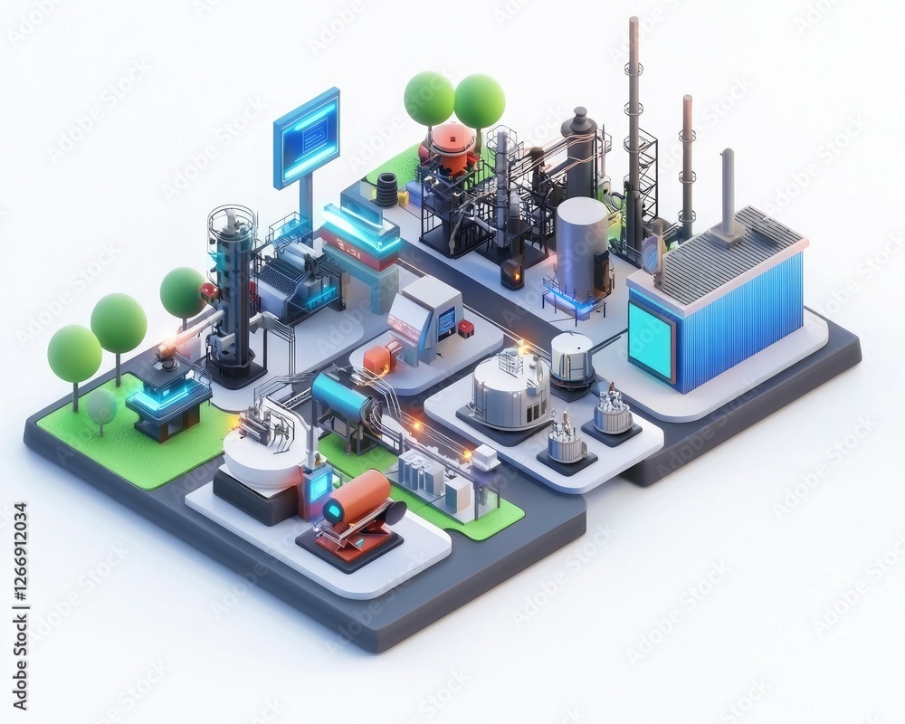 Obraz premium A colorful, miniature industrial complex featuring various structures, pipelines, and trees, illustrating a modern manufacturing or processing facility.