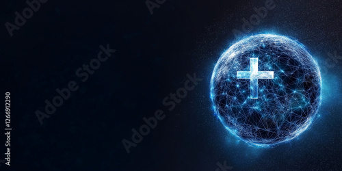 Glowing blue digital cross symbol for World Health Day on dark background with copy space