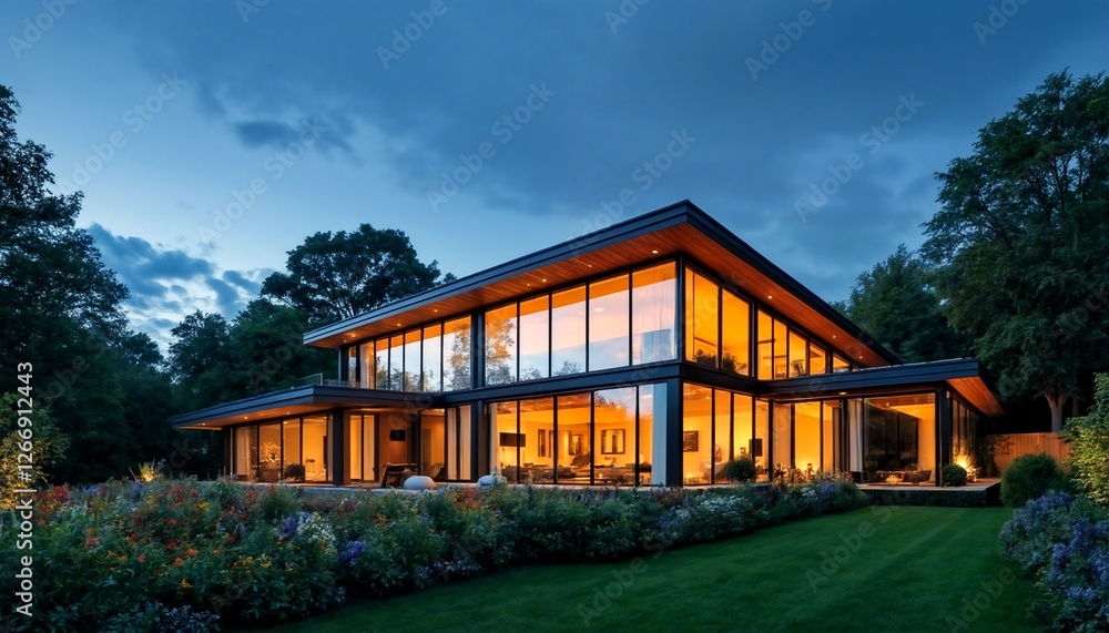 A modern house with large windows and sliding glass doors at dusk.