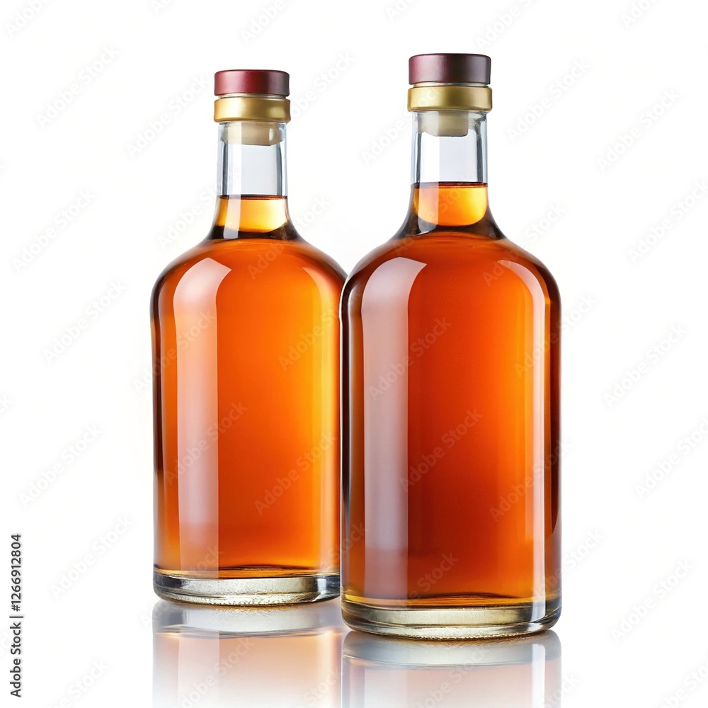Two Whiskey Bottles with Amber Liquid - Two whiskey bottles filled with rich amber liquid, featuring premium packaging.


