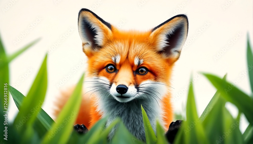 Obraz premium A realistic illustration of a red fox peeking through green foliage.