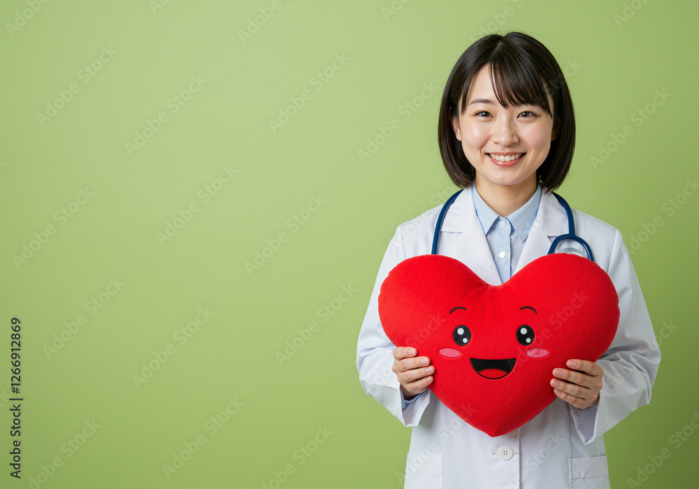 Young female medical practitioner holding a plush smiling red heart, healthy lifestyle and heart health awareness - isolated background with copy space Young female medical practitioner holding a plush smiling red heart, healthy lifestyle and heart health awareness - isolated background with copy space