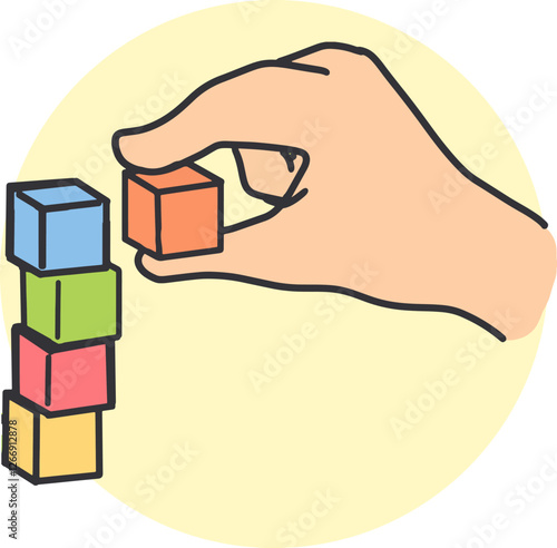 Handy Block Assembly Building Blocks in Action. Ideal for educational content, developmental materials for children, or any project highlighting learning through play.