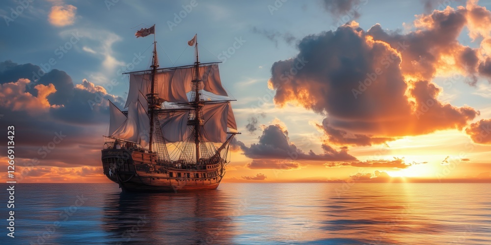 Obraz premium Majestic sailing ship at sunset with vibrant clouds and calm ocean waters
