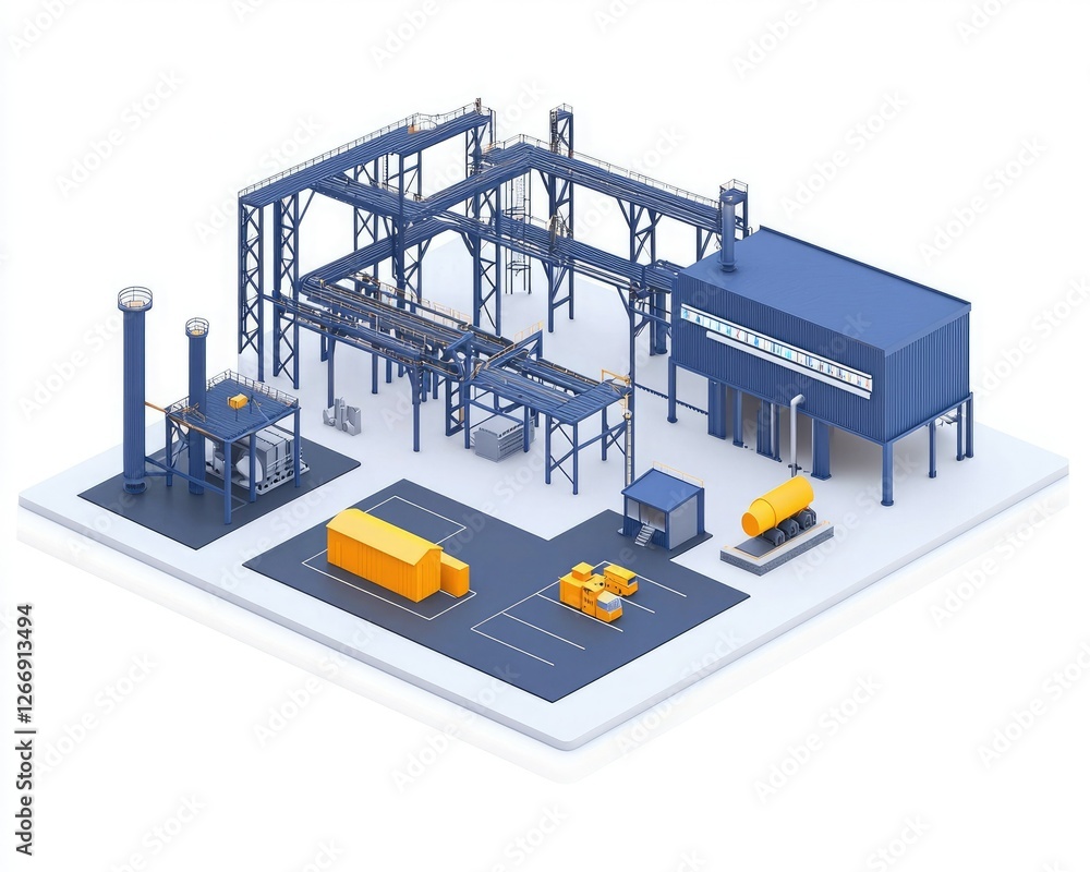 Obraz premium A modern industrial facility with structures, vehicles, and equipment designed for manufacturing and logistics operations.