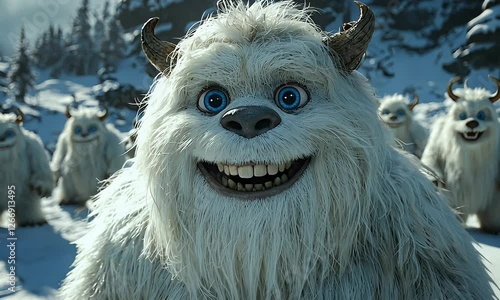 Happy yeti with horns smiles in snowy mountains.