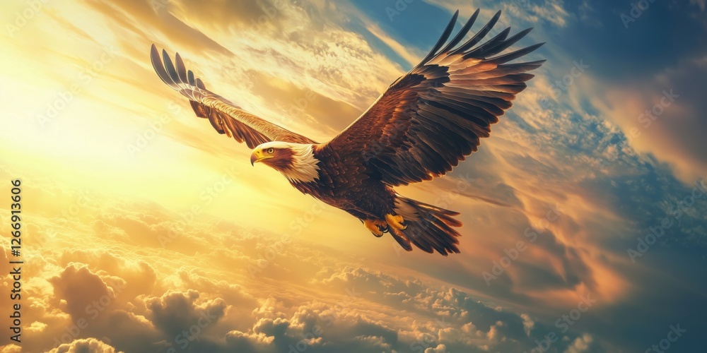 Fototapeta premium Majestic eagle soaring through vibrant sunset sky with dramatic clouds