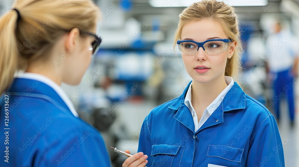 Fototapeta premium A young woman in safety glasses and a blue work uniform is engaged in conversation in a professional environment.