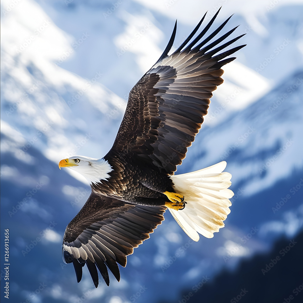 Obraz premium soaring freedom: majestic bald eagle soaring gracefully against a backdrop of snow-capped mountains. A symbol of strength and liberty.