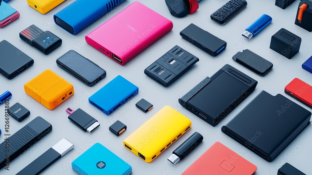 A vibrant display of charging station adapters and compact portable chargers. digital A vibrant display of charging station adapters and compact portable chargers. digital