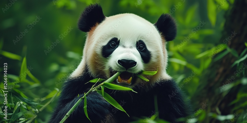Giant panda eating bamboo in lush green forest habitat Giant panda eating bamboo in lush green forest habitat