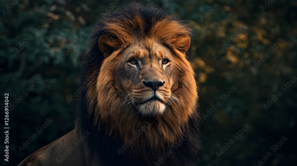 Dramatic Portrait of Noble African Lion with Dark Background, Majestic Male Big Cat with Rich Mane Looking Upward Wildlife Photography Dramatic Portrait of Noble African Lion with Dark Background, Majestic Male Big Cat with Rich Mane Looking Upward Wildlife Photography
