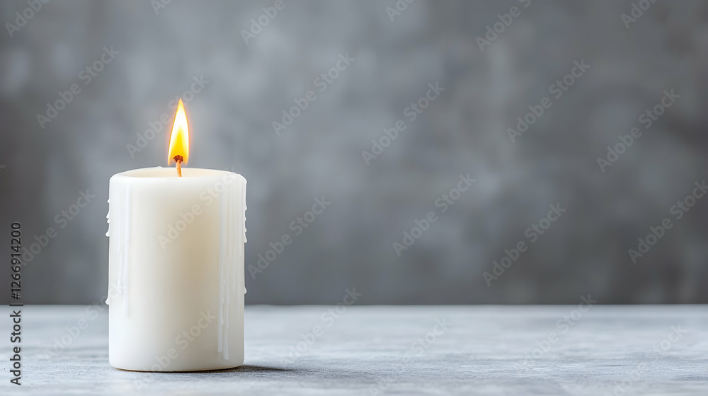 Lit white candle on grey background, peaceful ambiance, meditation, relaxation Lit white candle on grey background, peaceful ambiance, meditation, relaxation