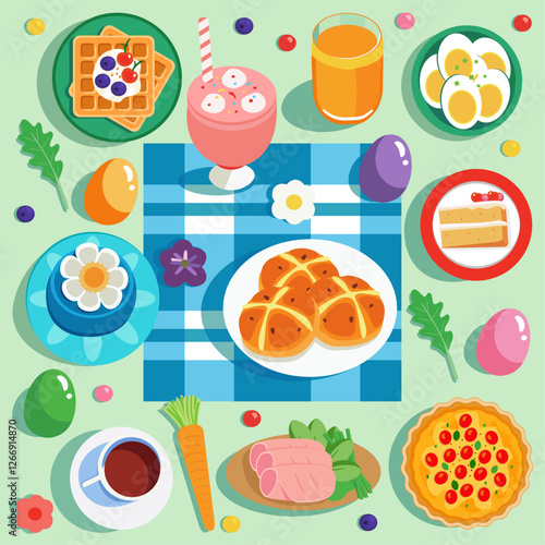 Set of food for an easter brunch or buffet on a table background. Collection of types of breakfast cuisine at a spring garden party or picnic setting