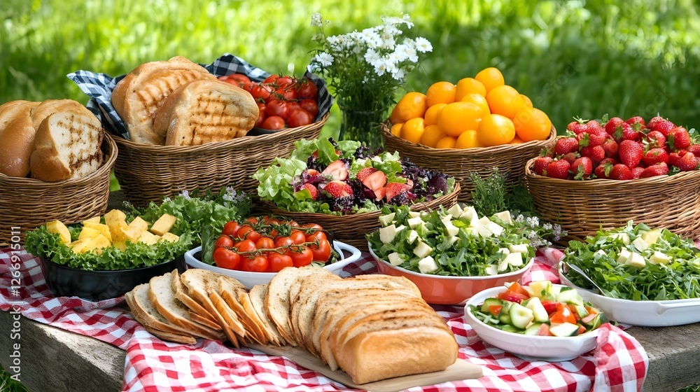 Fototapeta premium A vibrant picnic spread featuring fresh salads, fruits, and breads set on a checkered blanket outdoors