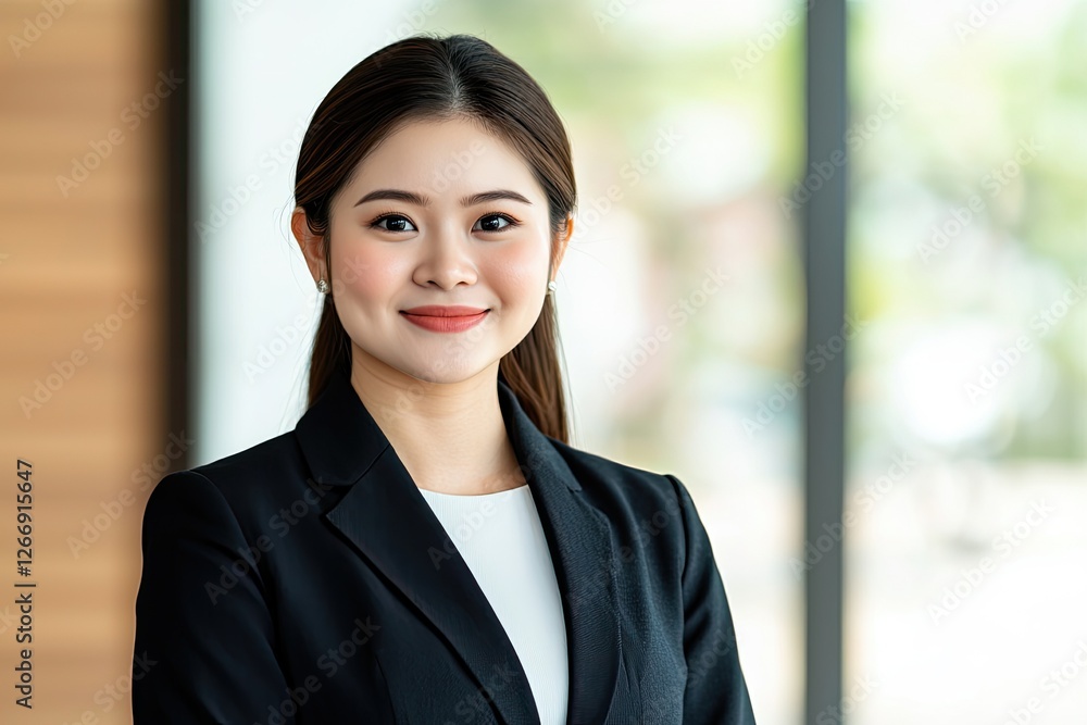 A professional woman in a black suit smiles confidently, standing in a well-lit office environment with a blurred background. A professional woman in a black suit smiles confidently, standing in a well-lit office environment with a blurred background.