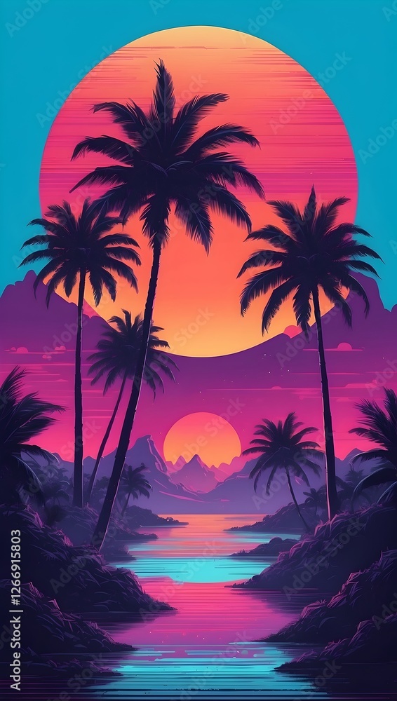 Obraz premium a vibrant, nostalgic 80s-style classic vaporwave design a neon sunset with sharp palm tree silhouettes. the sky fades in a gradient from fiery orange to magenta and deep purple.