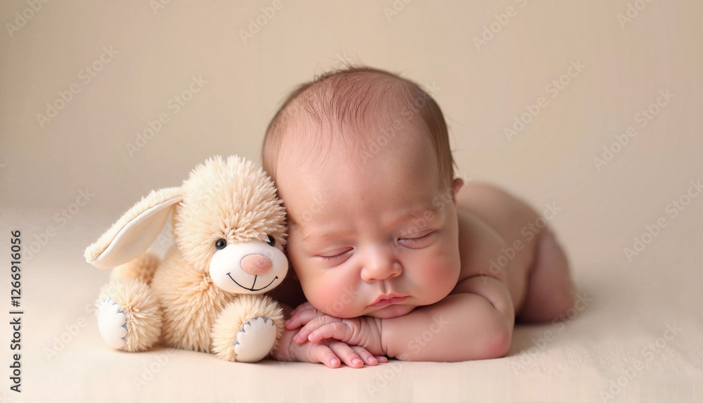 Sleeping baby, cozy with a plush bunny toy, soft background, copy space Sleeping baby, cozy with a plush bunny toy, soft background, copy space
