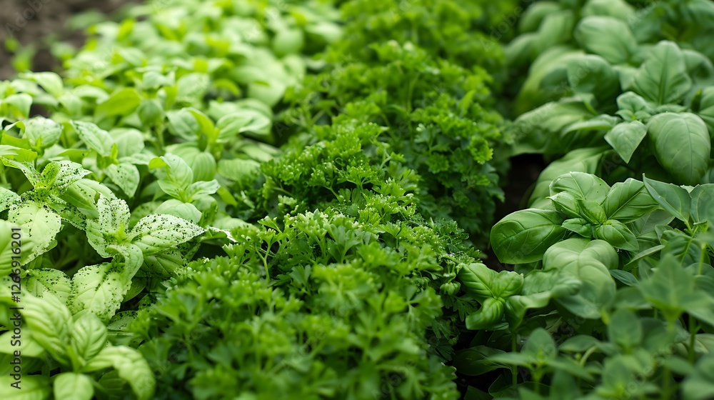 Fototapeta premium Fresh Herbs Growing in Rows: Basil, Parsley and Mint