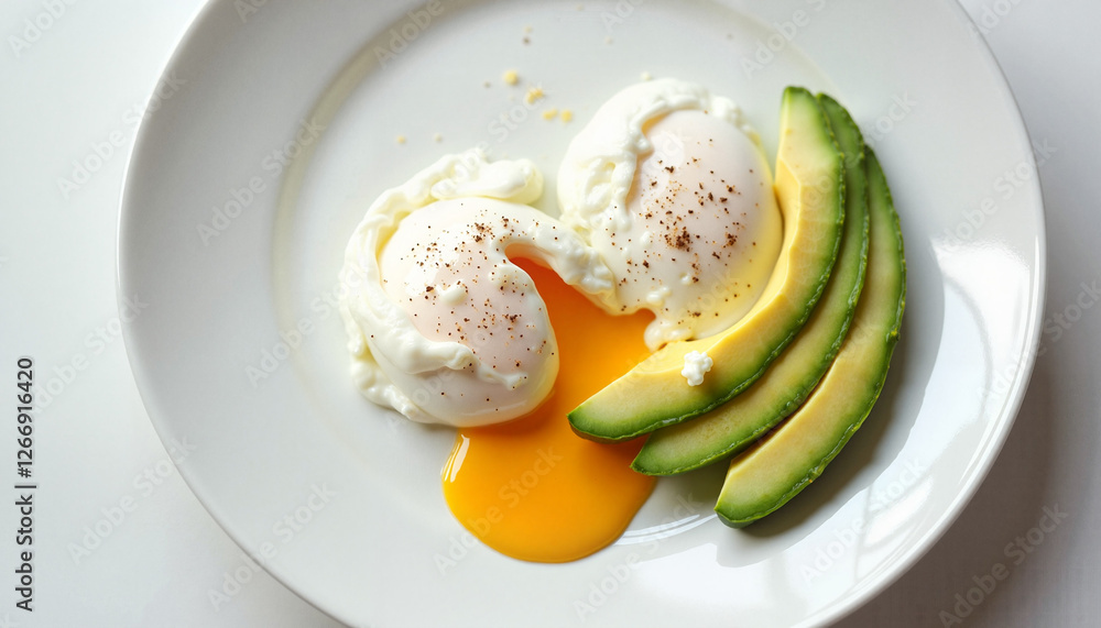Poached eggs with runny yolk served with avocado slices on a white plate for culinary concept Poached eggs with runny yolk served with avocado slices on a white plate for culinary concept