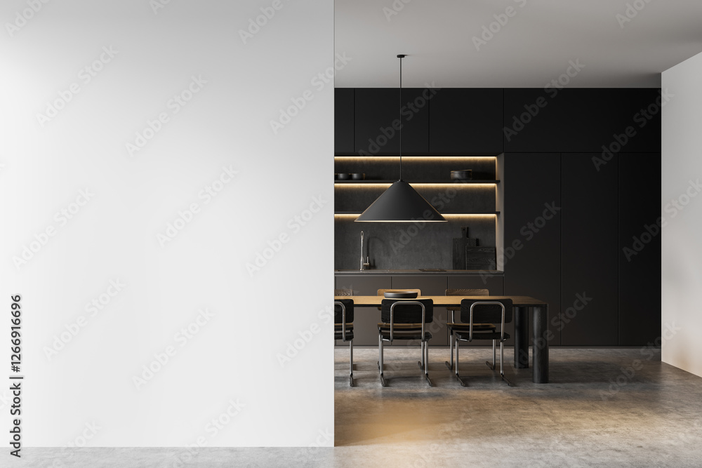 Fototapeta premium Modern kitchen interior with blank white wall for design display. 3D Rendering