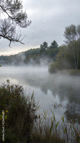 Misty lake view with soft fog and silhouettes of trees under overcast sky