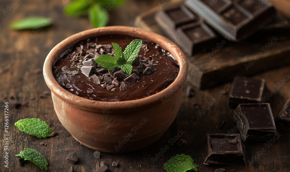 Decadent chocolate mousse topped with mint leaves and chocolate shavings Decadent chocolate mousse topped with mint leaves and chocolate shavings