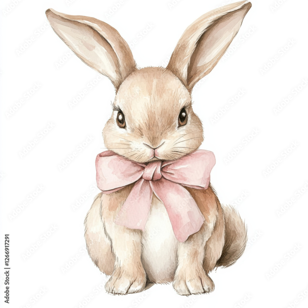 Obraz premium watercolour illustration of an adorable beige bunny rabbit with floppy ears and smooth fur, with a beautiful pink bow