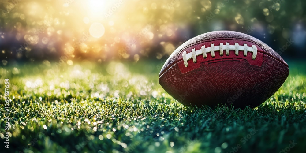 Football on grass field with sunlight creating a warm atmosphere Football on grass field with sunlight creating a warm atmosphere