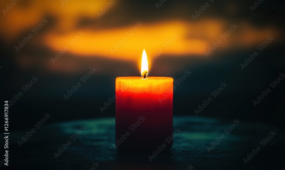 Candle glowing softly against a dramatic sunset background Candle glowing softly against a dramatic sunset background