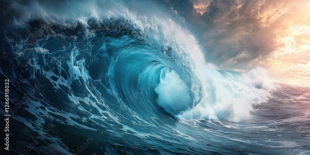 Majestic ocean wave crashing against shore at sunset with dramatic clouds Majestic ocean wave crashing against shore at sunset with dramatic clouds