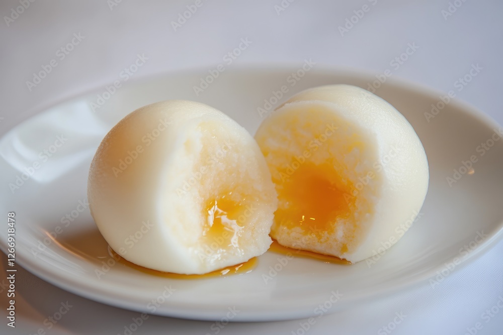 A halved, creamy, white bun reveals a molten yellow center, drizzled with honey. A halved, creamy, white bun reveals a molten yellow center, drizzled with honey.