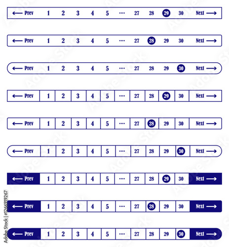 Full pagination bar set with prev and next. Next and previous navigation bar. Next button website pagination design. Prev and next page control ui. Ui kit pagination. Vector illustration 